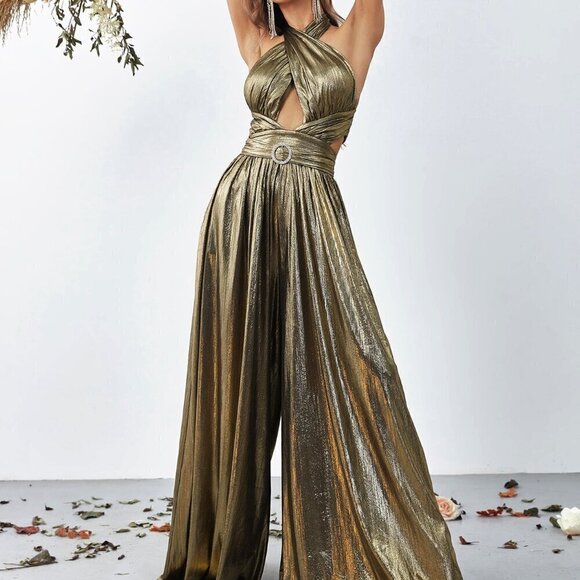 Pants - Bronze Women's Cross Wrap Front Backless Metallic Halter Wide Leg Jumpsuit